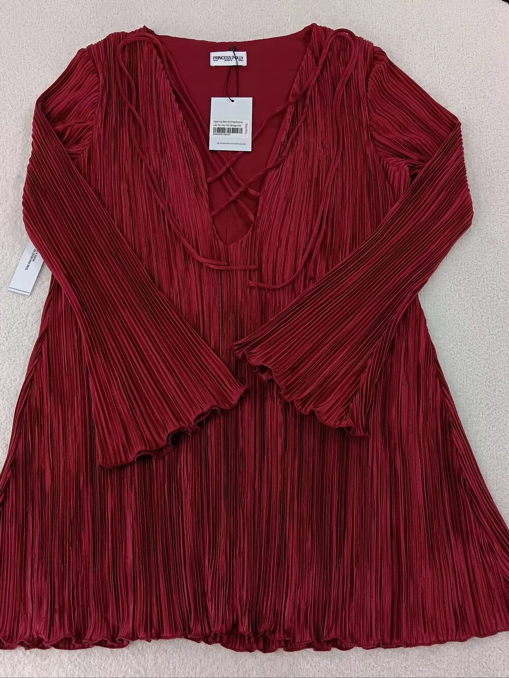 Princess Polly Malop Burgundy Long Sleeve Mini Dress Size 12 NWT Glam Retro